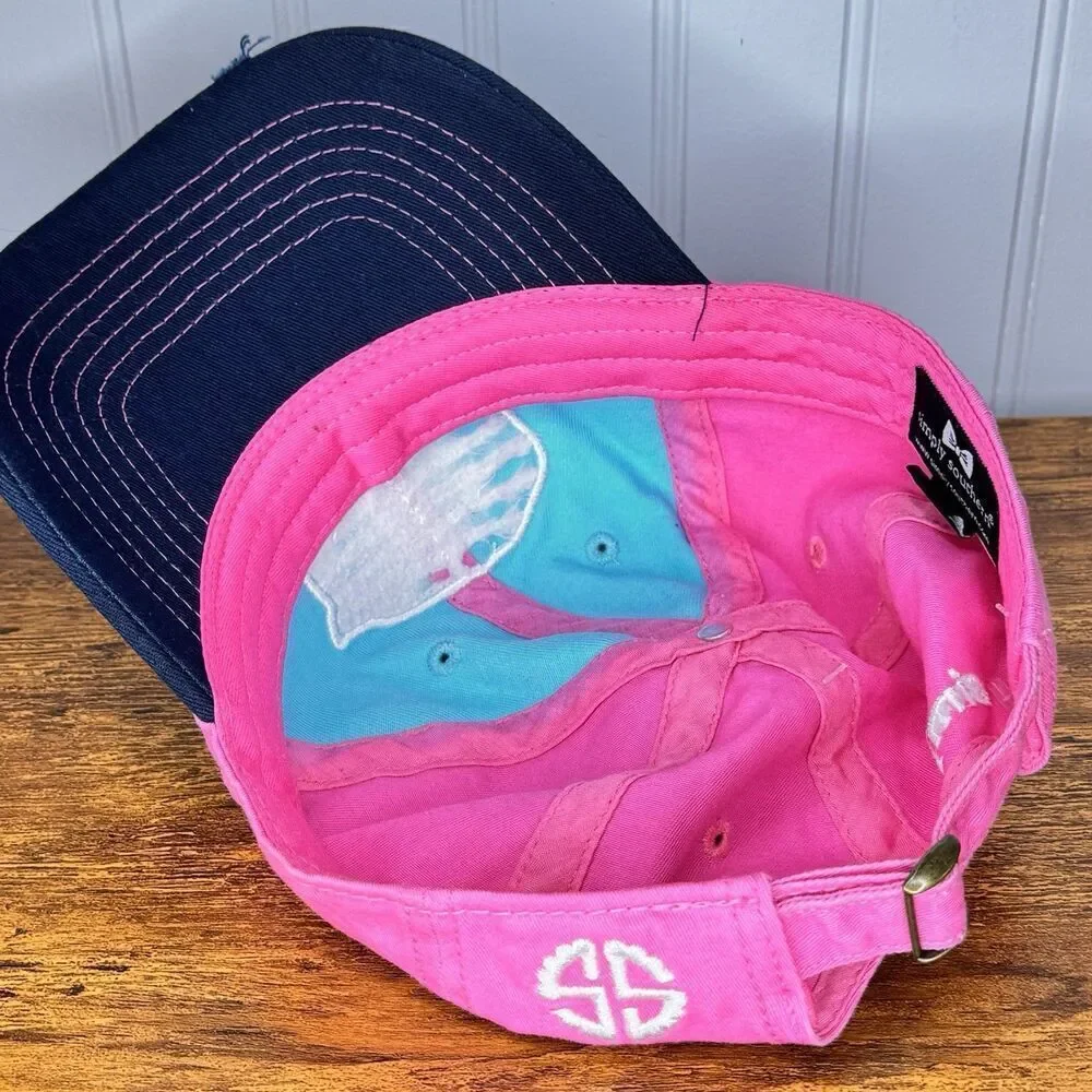 Simply Southern Happy Camper Embroidered Pink Aqua Baseball Hat Cap Distressed